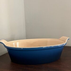 Le Creuset Blue and Cream Oval Baking Dish